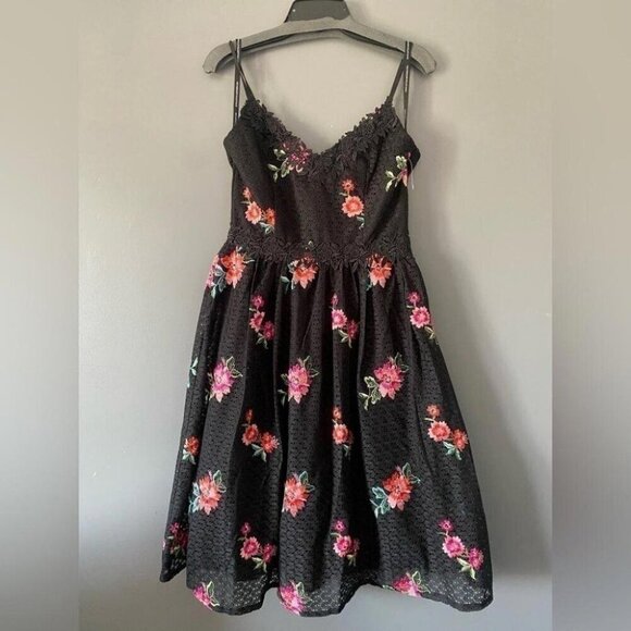 Whimsigoth Midi Dress Black Lace Floral Embroidery Dark Fairy - Picture 2 of 16